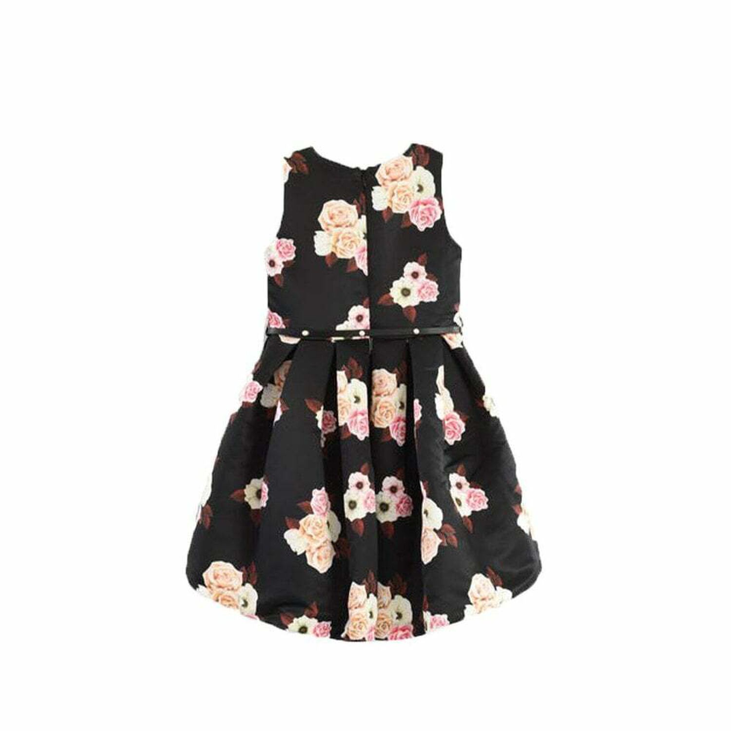 Girls Black Floral Print Dress, 1, hi-res