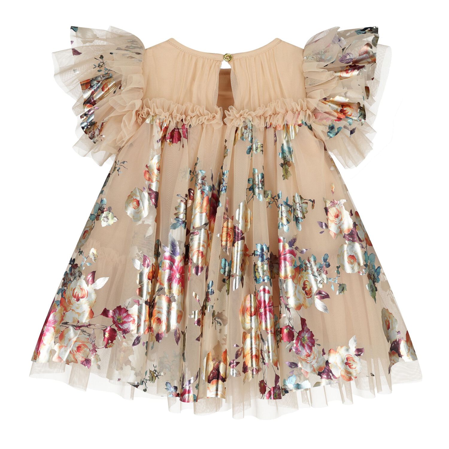 Baby Girls Beige Tulle Flowers Dress, 2, hi-res