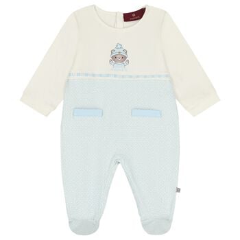 Baby Boys Ivory & Blue Teddy Bear Logo Babygrow