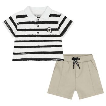 Boys White & Beige Logo Shorts Set