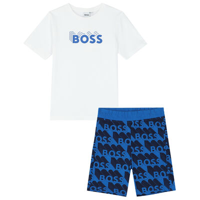 Boys White & Blue Logo Shorts Set