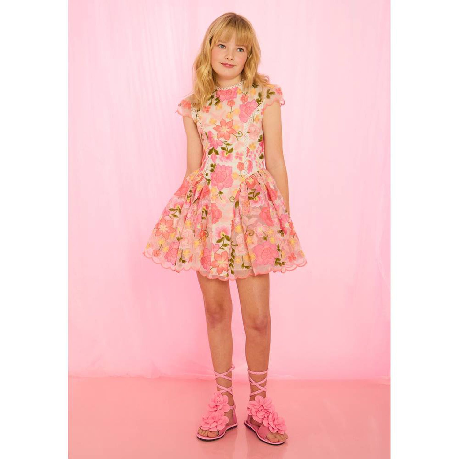 Girls Pink Embroidered Floral Dress, 1, hi-res