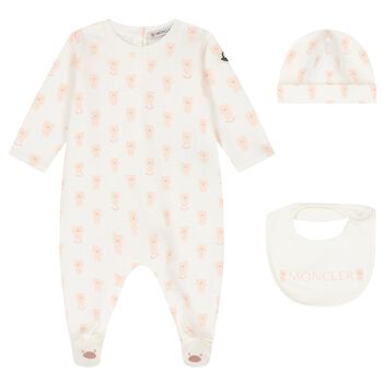 Baby Girls Ivory & Pink Teddy Bear Logo Babygrow Set