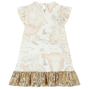 فستان بنات بطبعة خريطة باللون البيج والذهبي