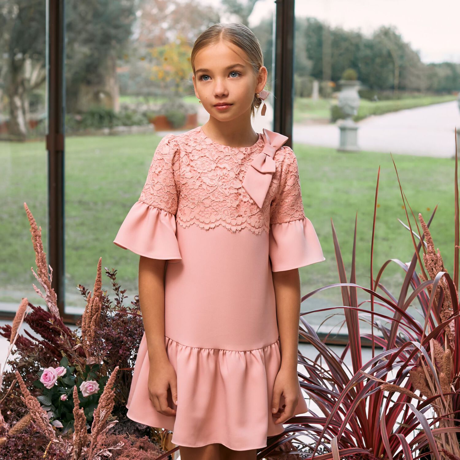 Girls Pink Lace Dress, 1, hi-res