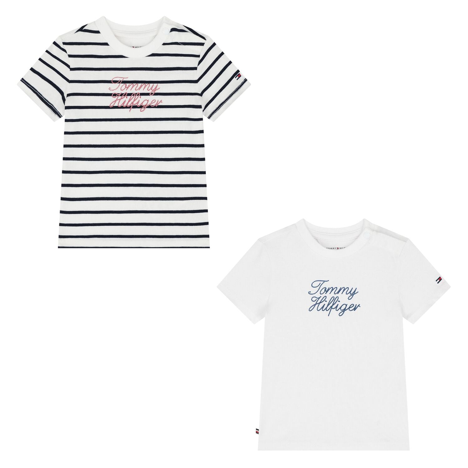 Younger Boys White & Ivory Striped Logo T-Shirts (2 Pack), 1, hi-res
