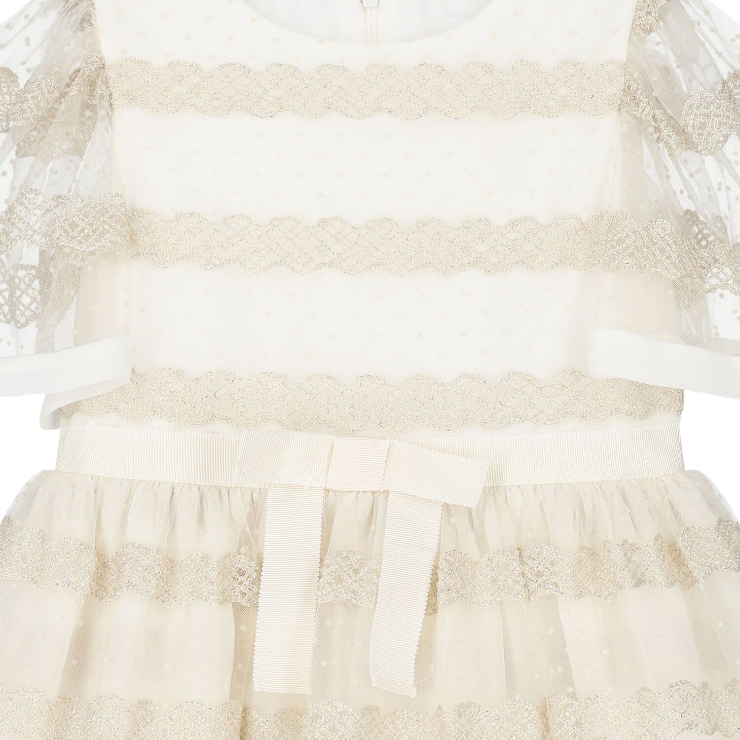 Girls White & Gold Tulle & Chiffon Dress, 1, hi-res