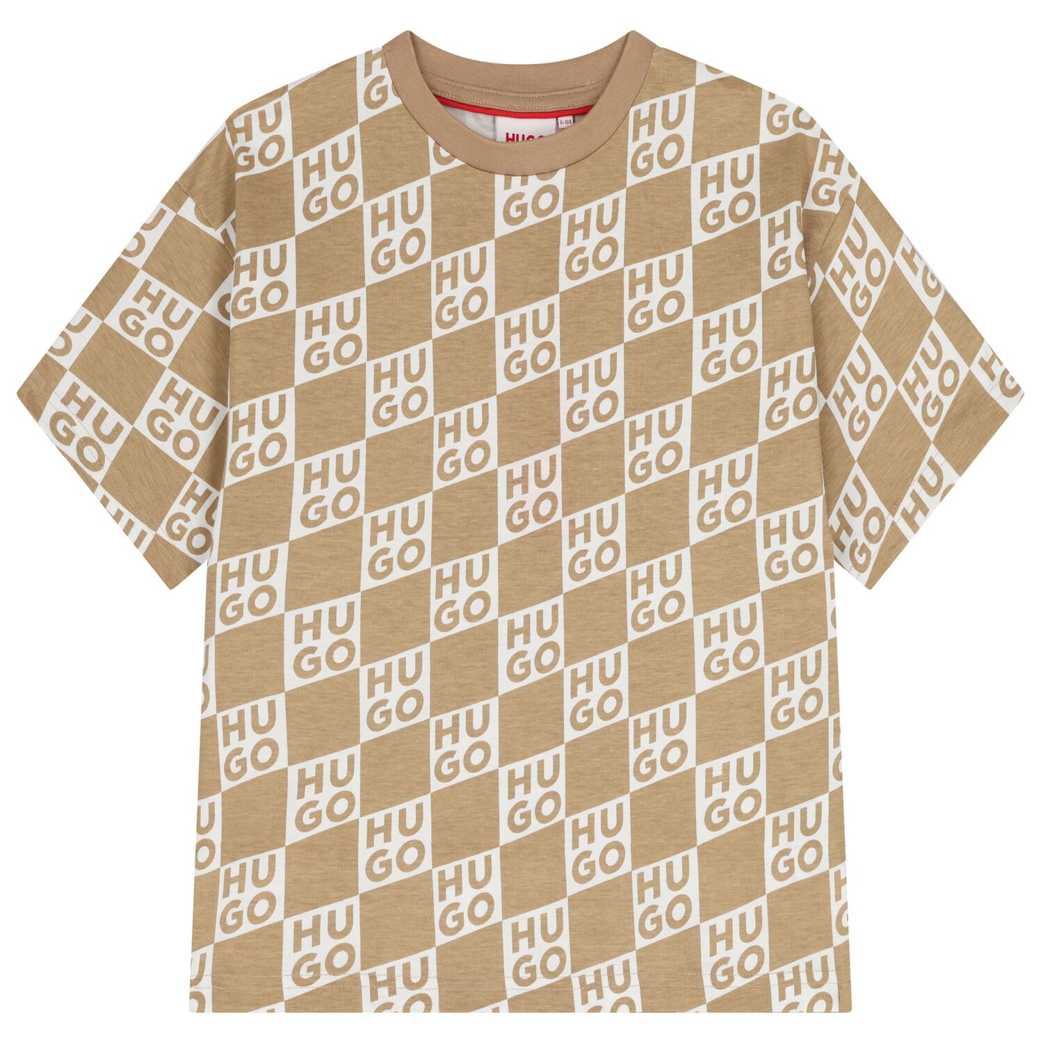 Boys Beige & White Check Logo T-Shirt, 1, hi-res
