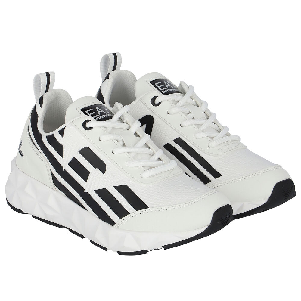 EA7 Emporio Armani White & Black Logo Trainers | Junior Couture UAE