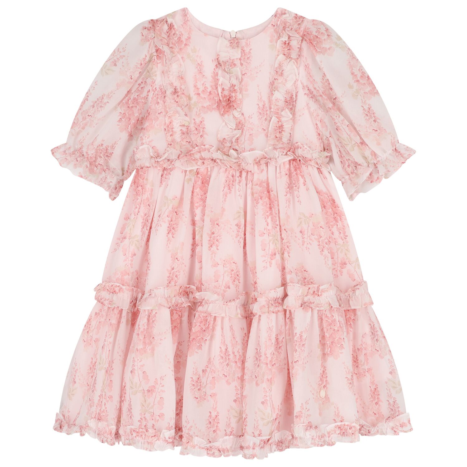 Girls Pink Ruffled Floral Chiffon Dress, 1, hi-res