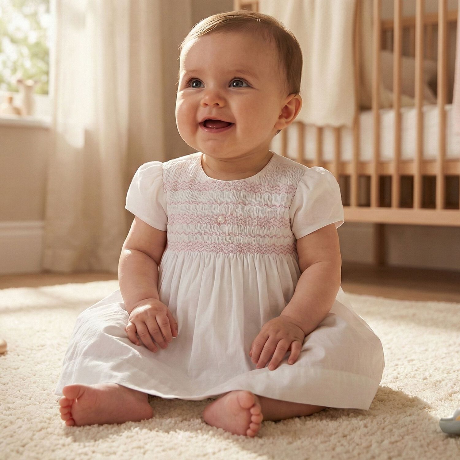 Baby Girls White Smocked Dress, 1, hi-res