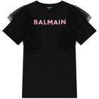 فستان بنات مكشكش بالشعار باللون الأسود, 1, hi-res