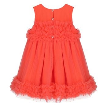 Younger Girls Coral Ruffled Tulle Dress