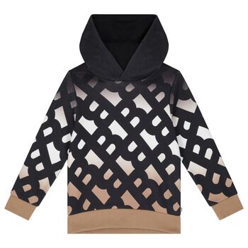 Boys White, Black & Beige Logo Hooded Top