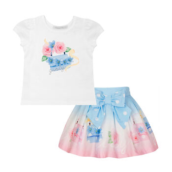 Girls White & Blue Floral Skirt Set