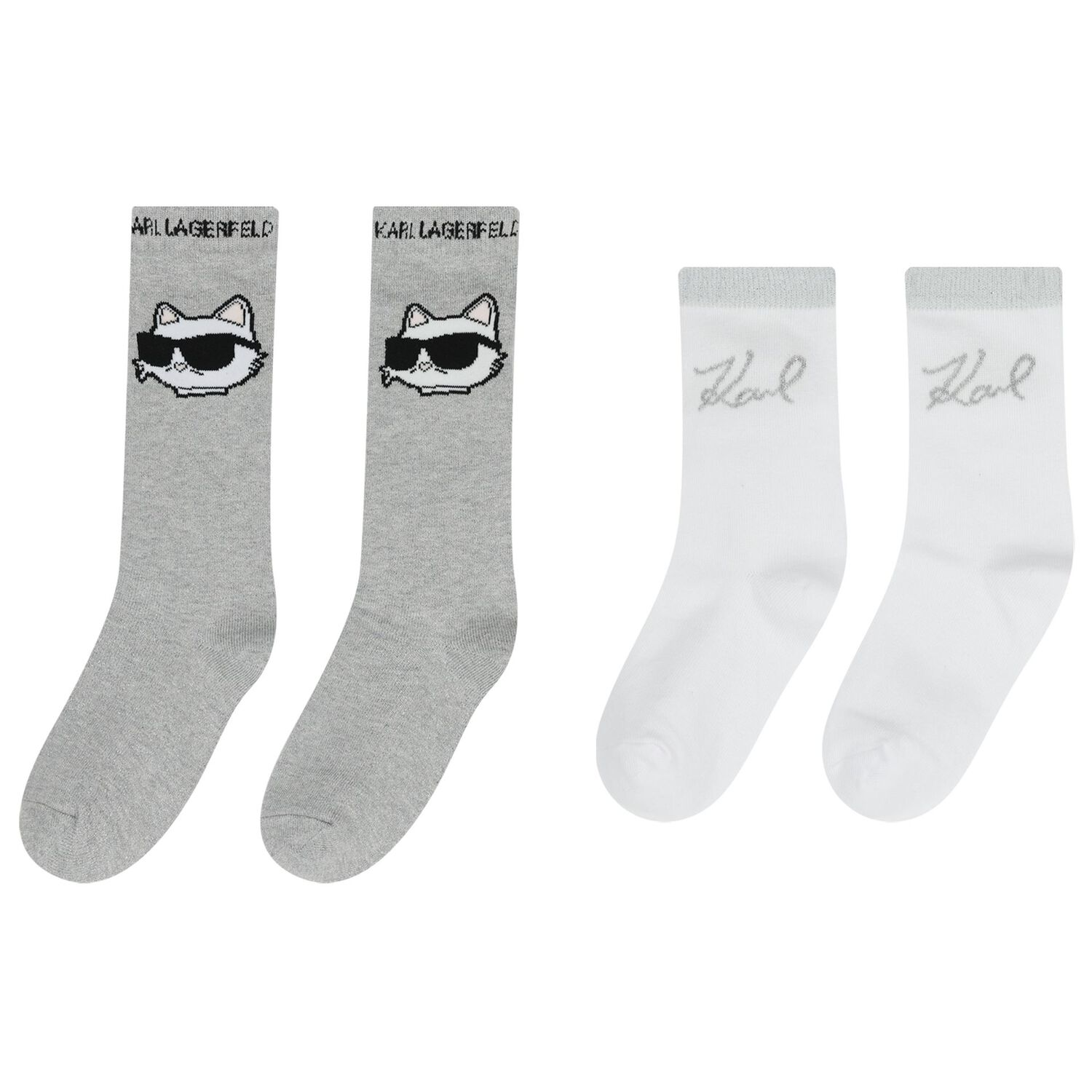 Girls Grey & White Choupette & Logo Socks ( 2 Pack ), 1, hi-res