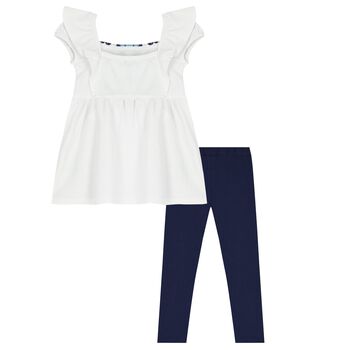 Girls White & Navy Blue Leggings Set