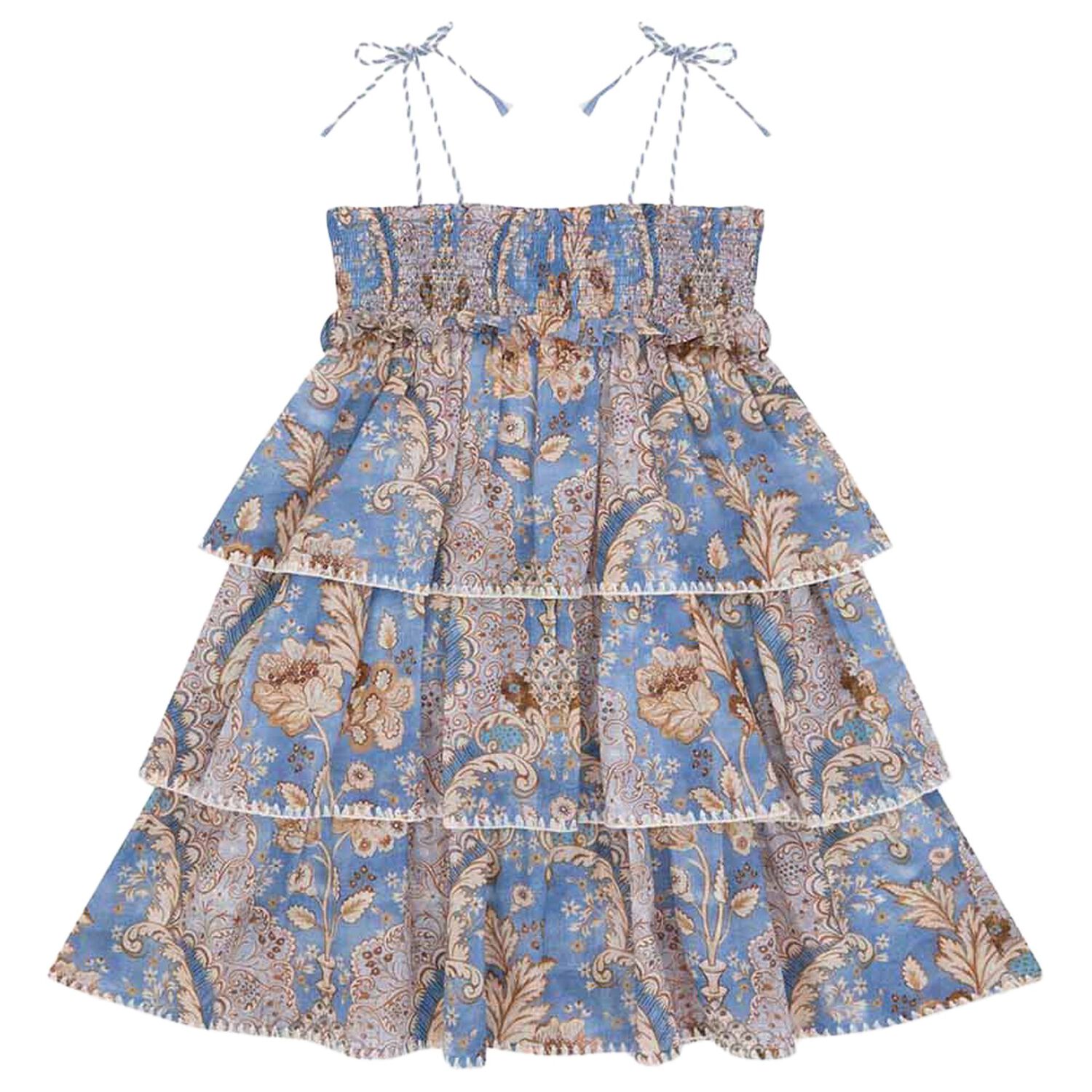 Girls Blue & Beige Floral Tiered Dress, 1, hi-res