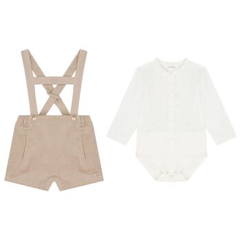 Baby Boys White & Beige Dungaree Set