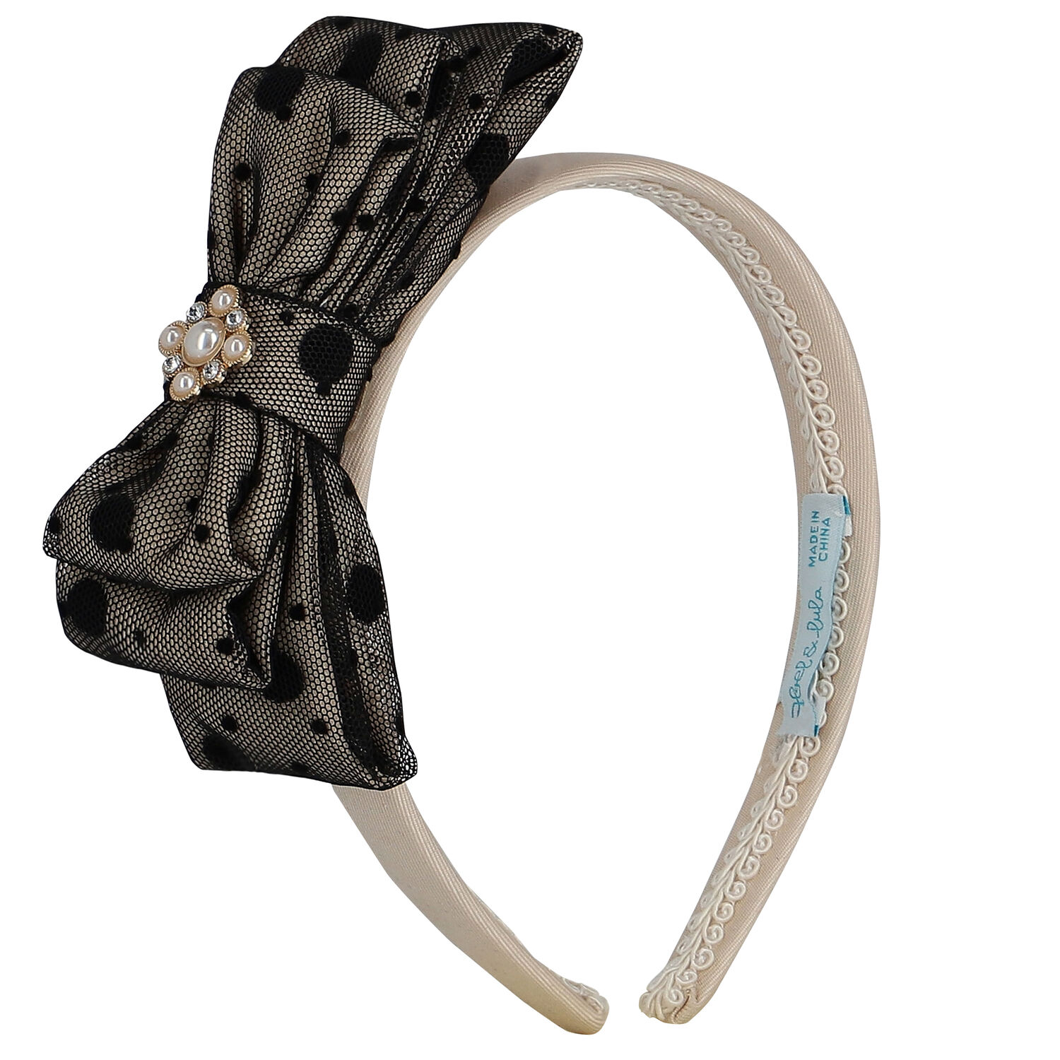 طوق شعر بنات تول بفيونكة باللون البيج والأسود, 1, hi-res image number null