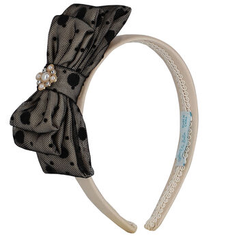 Girls Beige & Black Tulle Bow Headband