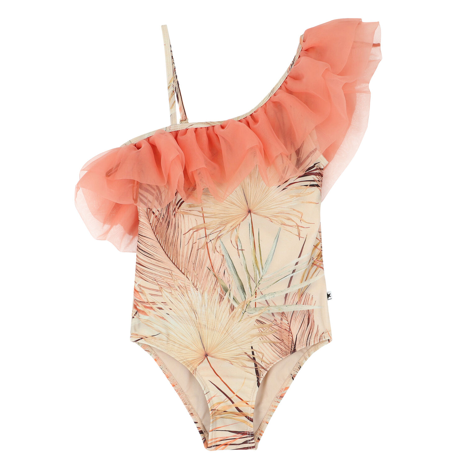 Girls Orange Palm Leaves Swimsuit, 1, hi-res