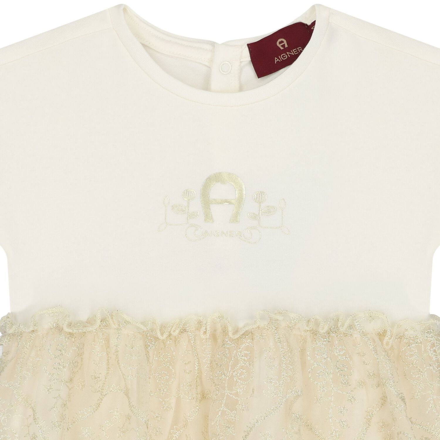 Younger Girls Ivory & Gold Logo Dress, 1, hi-res