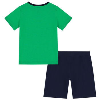 Boys Green & Navy Blue Dinosaur Shorts Set