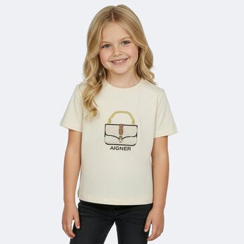 Girls Beige Logo Faux Fur Bag T-Shirt
