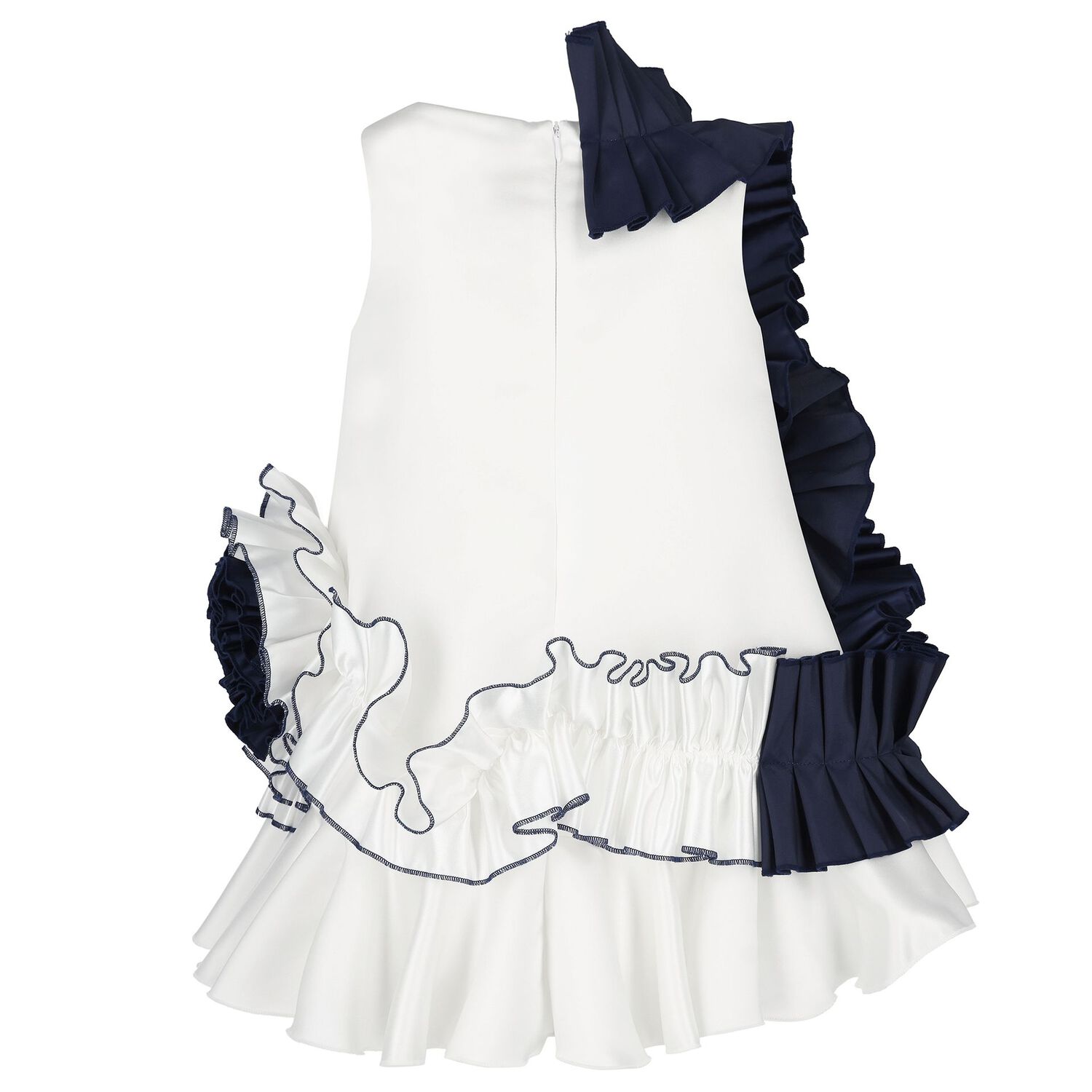 Girls White & Navy Blue Ruffled Dress, 1, hi-res
