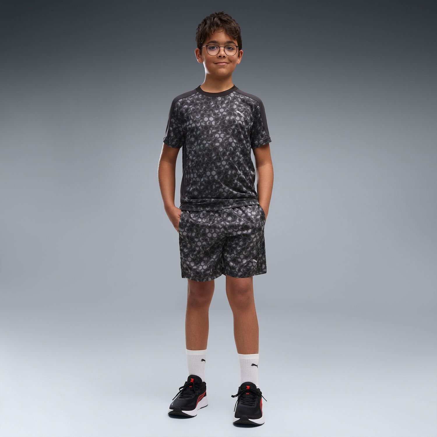 Boys Black Honeycomb Logo Shorts, 1, hi-res