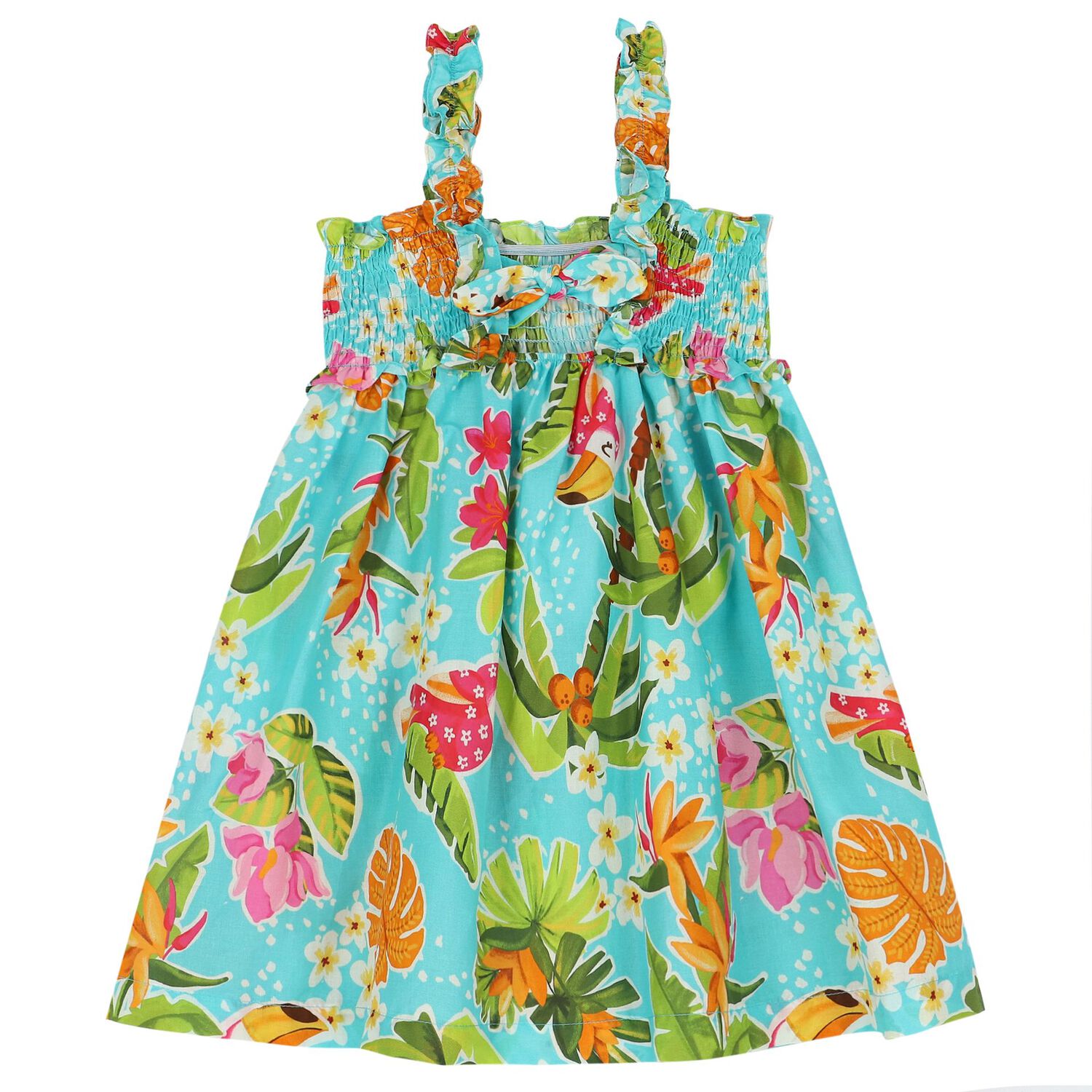 طقم بنات فستان بطبعة الزهور باللون الأزرق أكوا, 3, hi-res