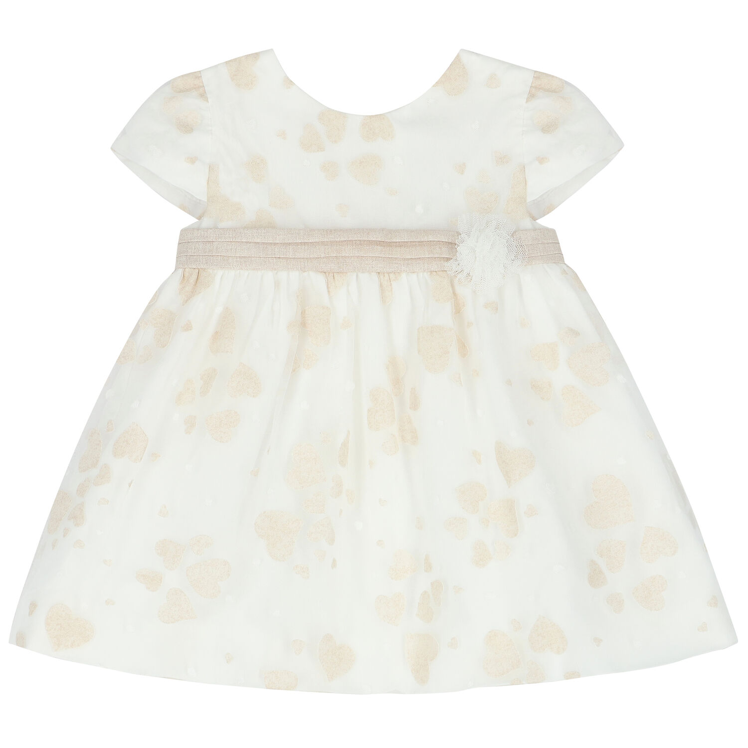 Baby Girls White & Beige Hearts Organza Dress Set, 1, hi-res