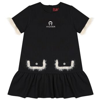 Girls Black & Ivory Logo Dress