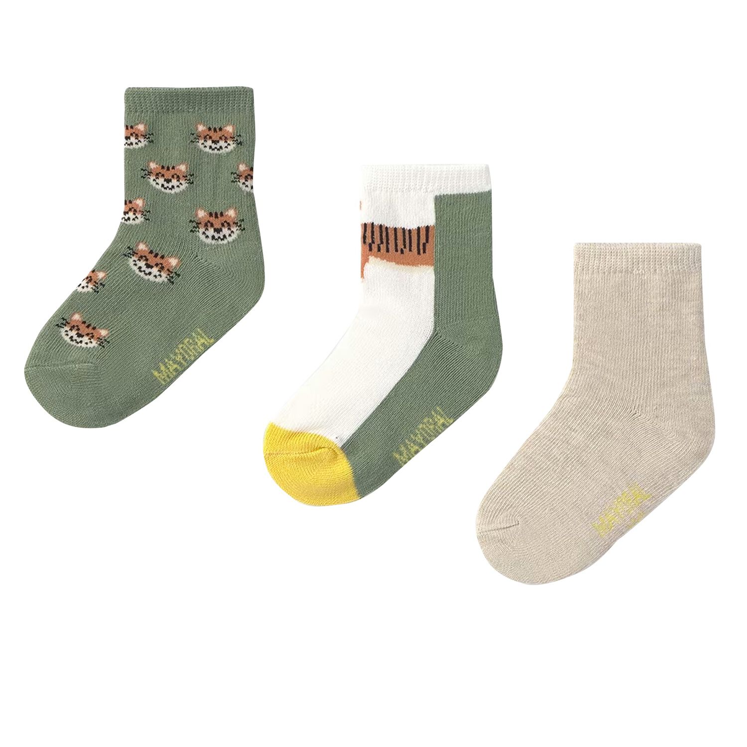 Baby Boys Green & Beige Cat Print Socks ( 3-Pack ), 1, hi-res