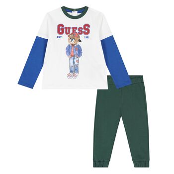 Younger Boys White & Green Logo Trousers Set