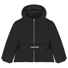 Girls Black Logo Padded Puffer Jacket, 1, hi-res