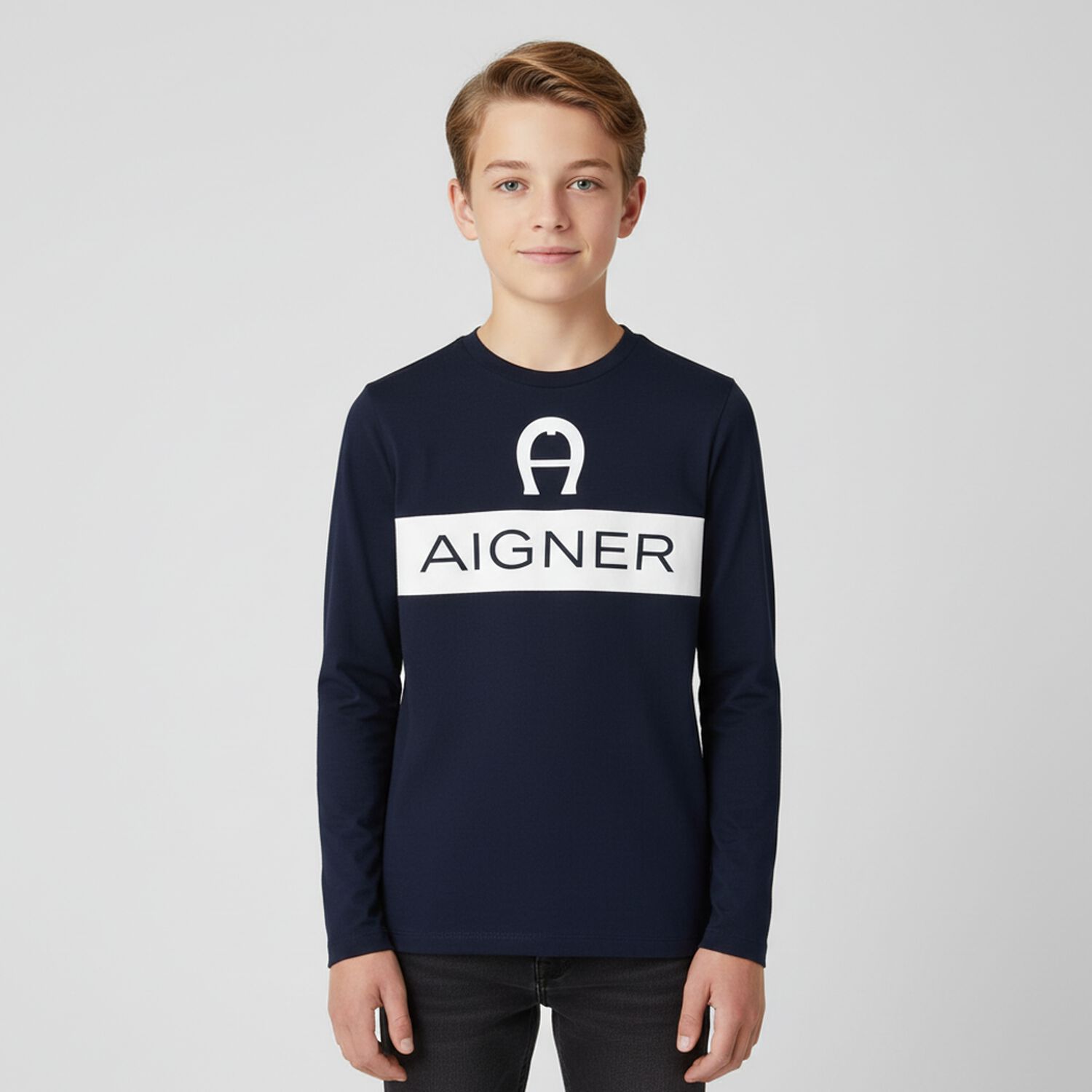 Boys Navy Blue Logo Long Sleeve, 1, hi-res