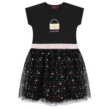 Girls Black Logo Sequin Dress