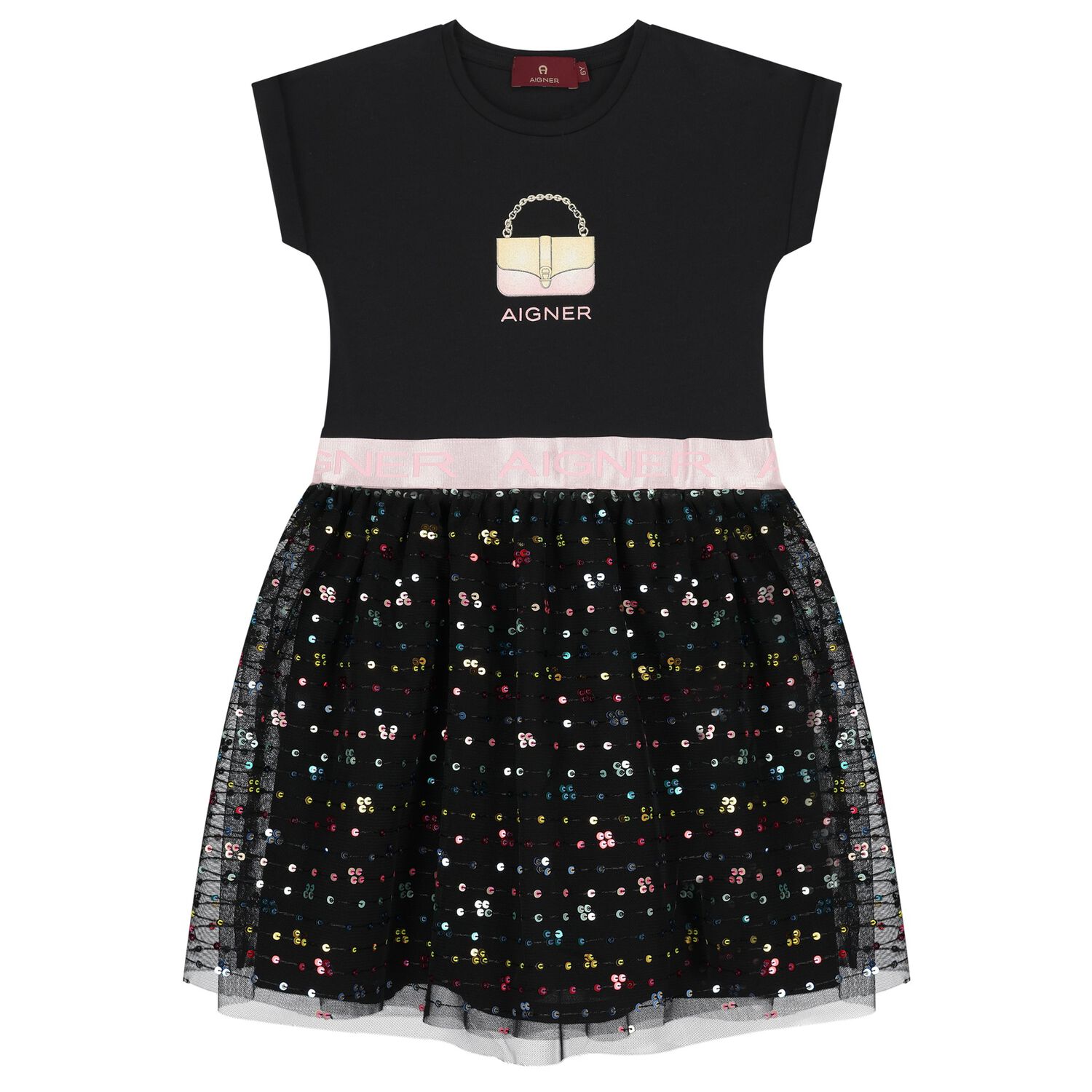 Girls Black Logo Sequin Dress, 2, hi-res image number null