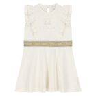 Younger Girls Ivory & Gold Ruffled Logo Dress, 1, hi-res