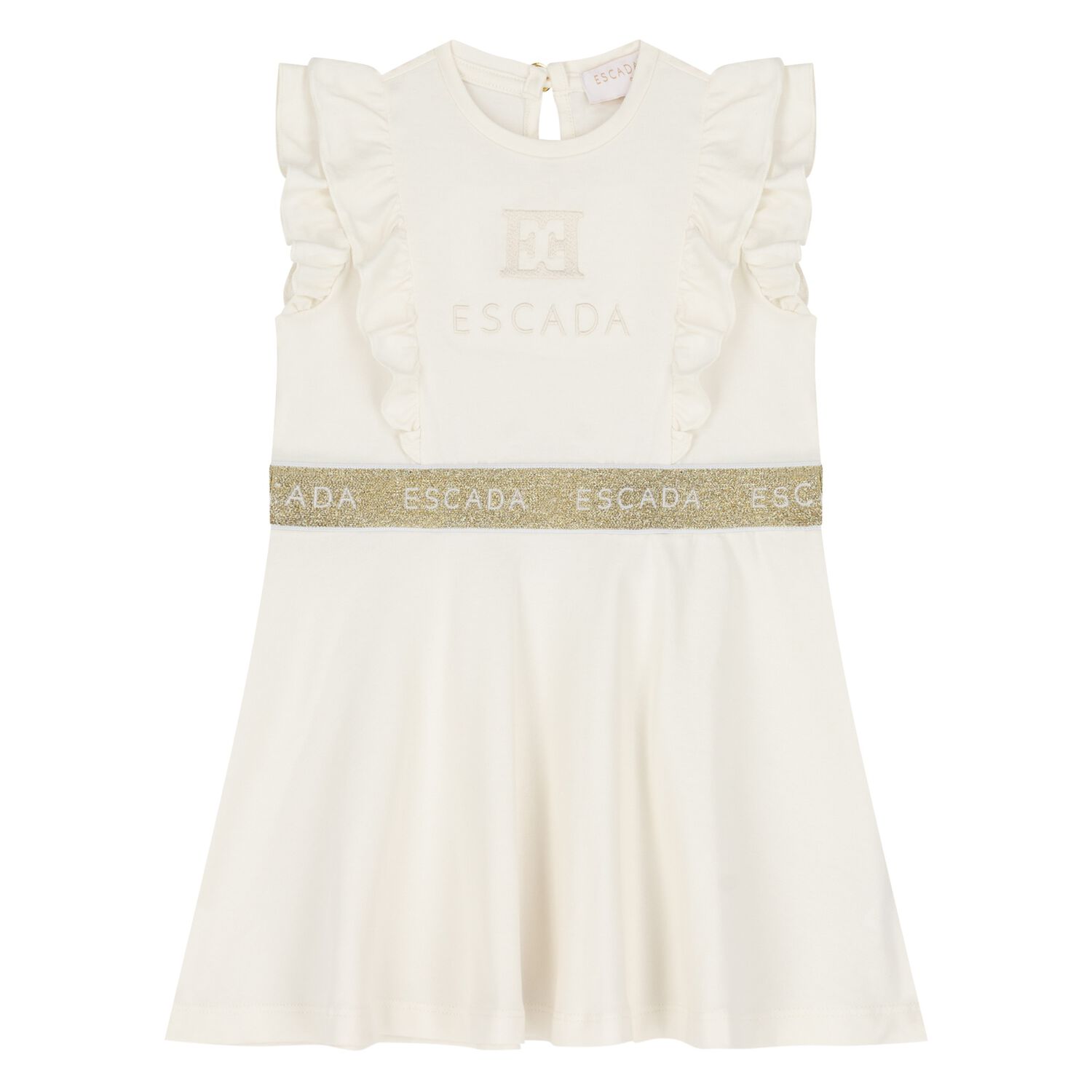 Younger Girls Ivory & Gold Ruffled Logo Dress, 1, hi-res