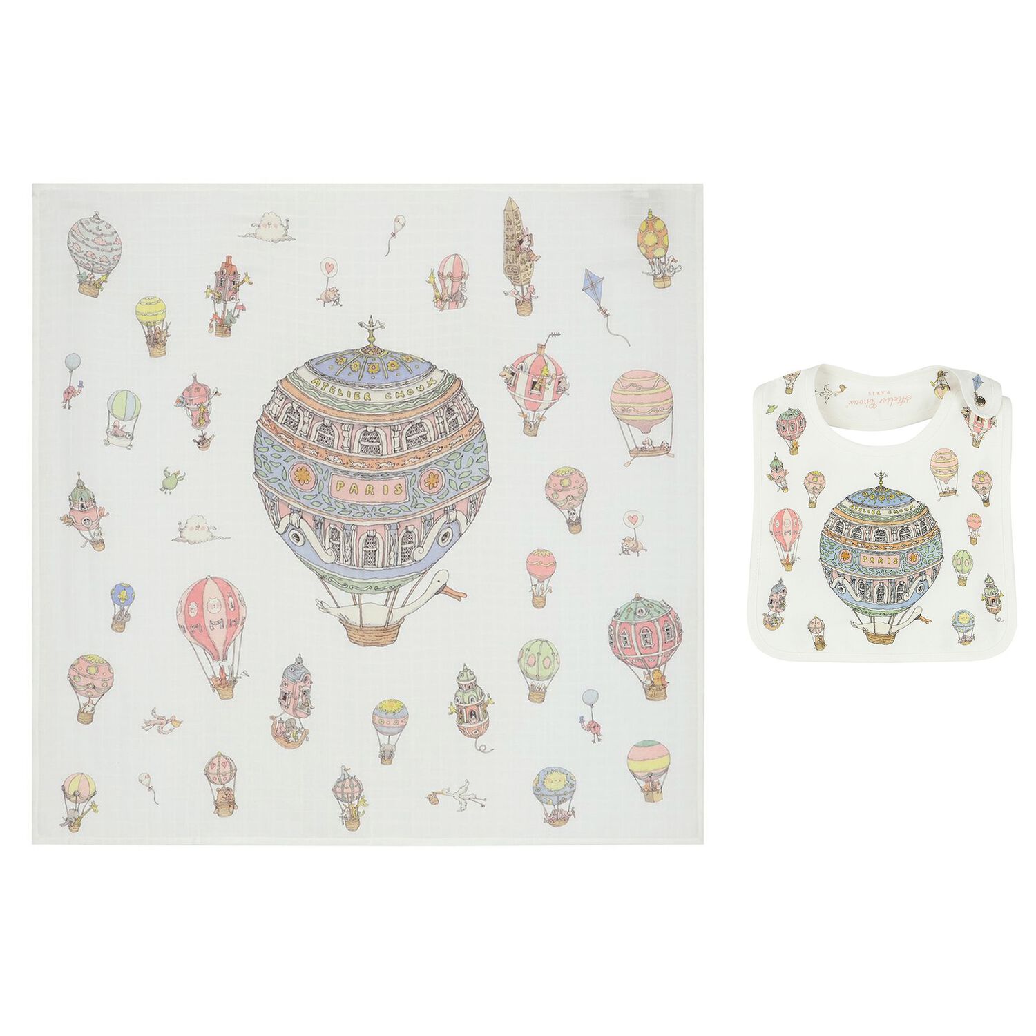 White Hot Air Balloons Baby Carré Swaddle & Bib Gift Set, 1, hi-res