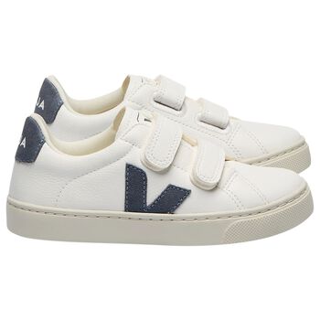 White & Blue Logo Leather Trainers 