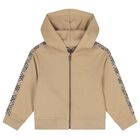 Beige Check Logo Hooded Zip Up Top, 1, hi-res
