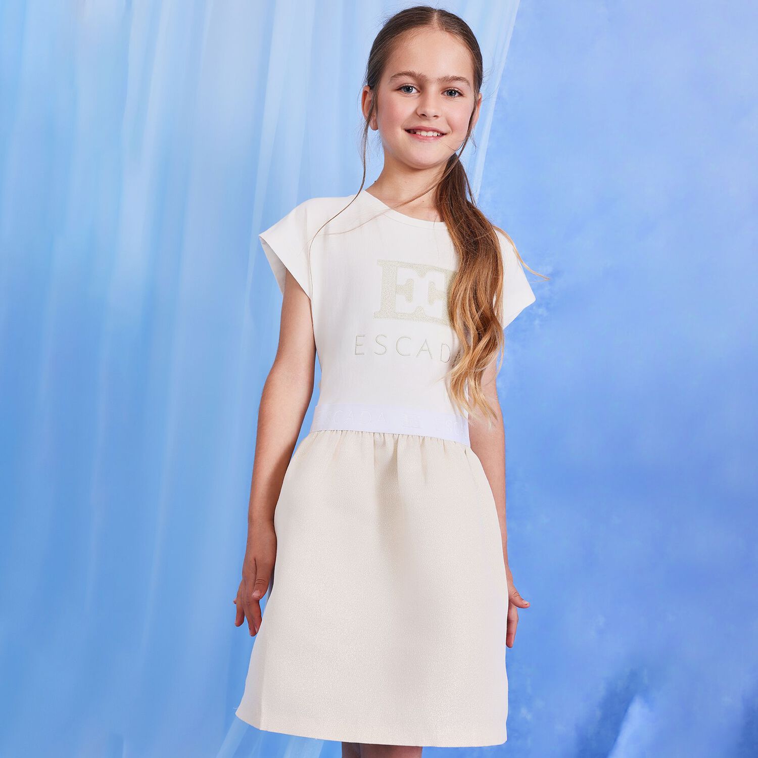 Girls Ivory & Gold Logo Dress, 1, hi-res