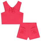 Girls Pink Crepe Flower Shorts Set, 1, hi-res