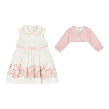 Baby Girls Ivory & Pink Teddy Bear & Rabbit Dress Set