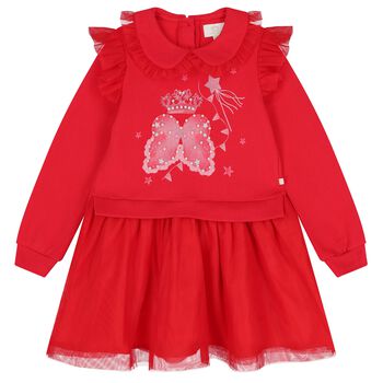 فستان تول مكشكش  باللون الأحمر للبنات