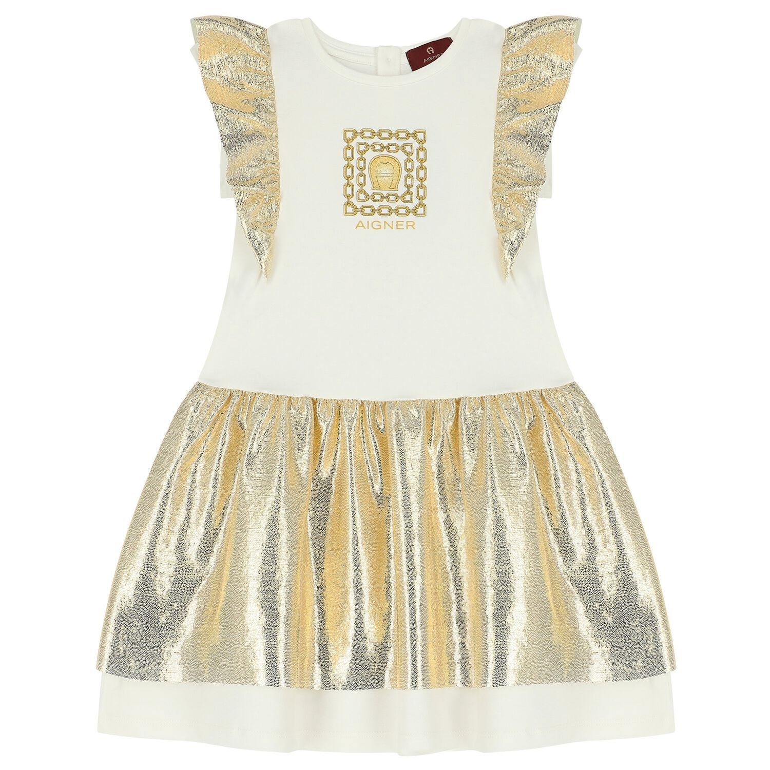 Girls Ivory & Gold Logo Dress, 1, hi-res